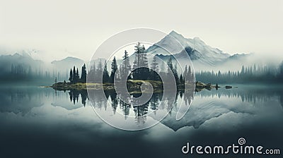 Serene Island With Forest, Mountains, And Misty Lake Stock Photo