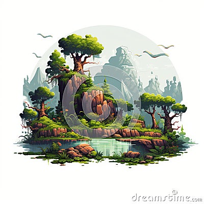 Serene Island: A Pixelated Realism Of Exotic Flora And Fauna Cartoon Illustration