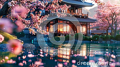 Serene Japanese landscape with cherry blossoms Stock Photo