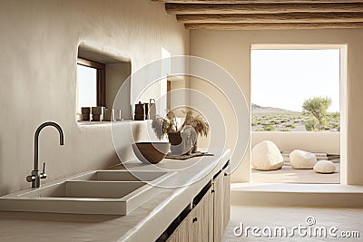 Clean White Desert Kitchen with Natural Light and Boulders Outdoors Stock Photo