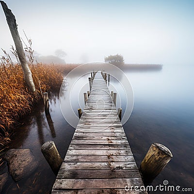 Misty Morning at Lagoon Dock Stock Photo