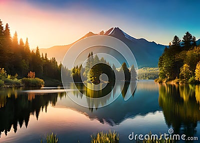 Serene lake forest mountain sunset sky glow Stock Photo