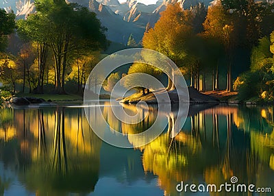 Serene lake forest mountain sunset sky glow Stock Photo