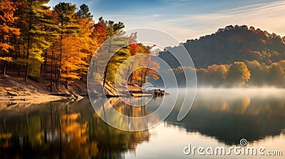 Autumn Coloured Trees On Lake Shore: Nature-inspired Imagery Stock Photo