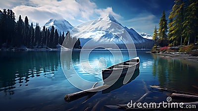 Serene Lake with Old Boat and Snowy Mountains - A Captivating Winter Escape Stock Photo