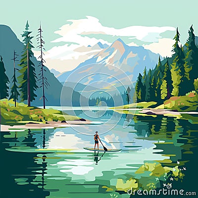 Serene lake with paddleboarder surrounded by lush green mountains Stock Photo
