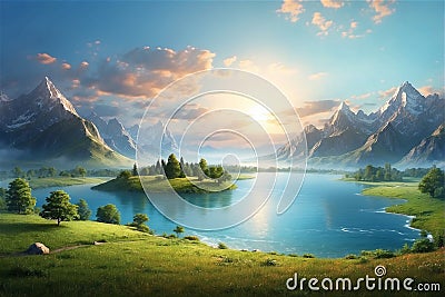 A serene lake reflects the snow capped peaks of mountains. Lush greenery surrounds the lake Stock Photo