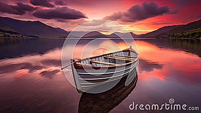 serene lake sunset boat Cartoon Illustration