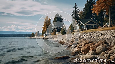 Serene Lakefront Cabin Surrounded By Nature - Lo-fi Aesthetics Stock Photo