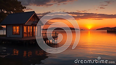 A serene lakeside cabin with a beautiful view of the sunset reflecting on the water Stock Photo