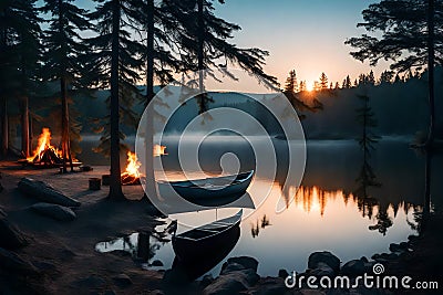 A serene lakeside campsite at dawn, complete with a flickering campfire, a tent, and a rowboat by the water's edge Stock Photo