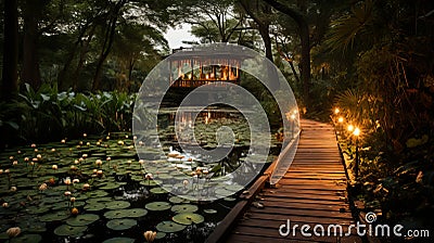 Serene lakeside at dusk wooden dock, starry canopy, and full moon s warm glow on the water Stock Photo