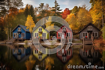 Serene Lakeside Retreat with a Row of Vibrant Cabins Stock Photo