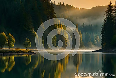 A serene lakeside scene at dawn with mist rising from the water and a tranquil forest in the background Stock Photo