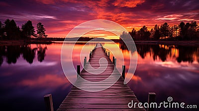 A serene lakeside scene with a wooden dock, calm water, and a colorful sunset in the background, AI-generated Stock Photo