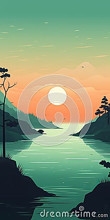 Tranquil Sunset Landscape: Minimalistic Mobile Wallpaper Cartoon Illustration