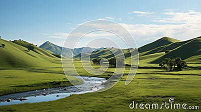 Graceful River Flowing Through Green Hills: A Celebration Of Rural Life Stock Photo