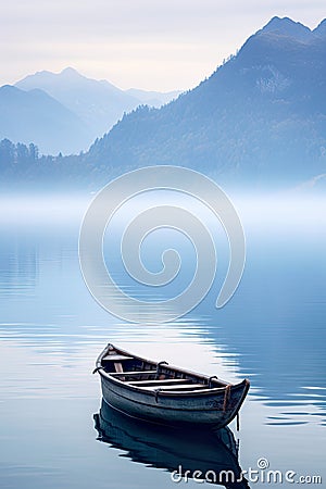 serene landscape featuring a small boat on a tranquil lake bathed in golden light Stock Photo