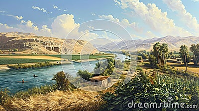 Serene Landscape of Tigris and Euphrates Rivers Cartoon Illustration