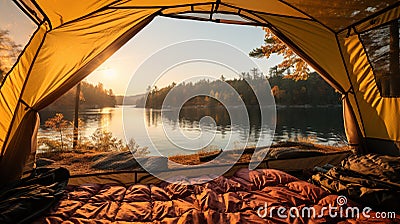 Serene Landscape View: Glimpse of Nature from Inside a Tent at Campsite at the Lake, Generative AI Stock Photo