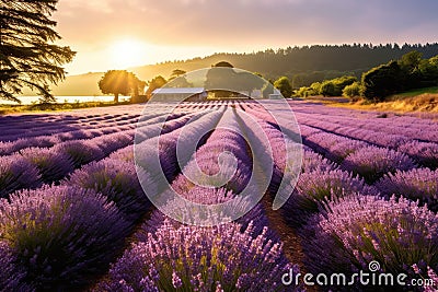 Serene Lavender Farm With Rows Of Fragrant Purple Flowers. Generative AI Stock Photo