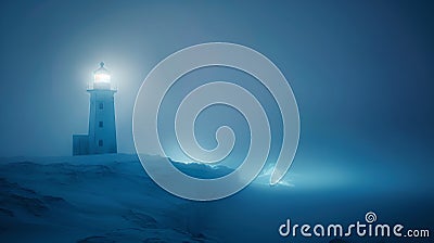 Serene Lighthouse Illuminating Foggy Night, Nautical Beacon of Hope in Misty Darkness, Peaceful Maritime Scene. AI Stock Photo