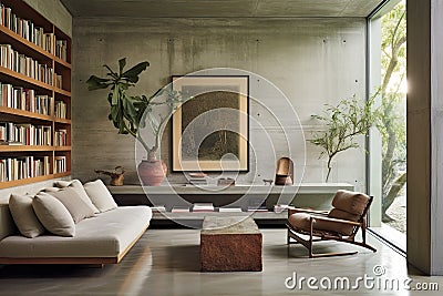 Artist Living Room with Concrete Walls and Greenery Filled with Books Stock Photo