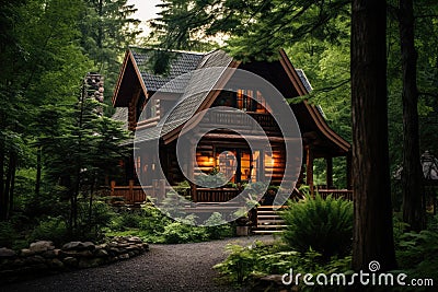 A serene log cabin nestled in the middle of a lush forest, offering a tranquil retreat in natures embrace., A rustic log cabin Stock Photo