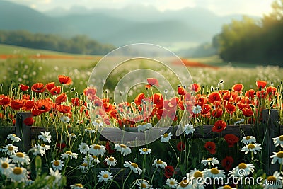 Serene meadow with poppies and daisies at sunrise Stock Photo