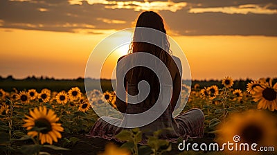 Serene meditation amidst blooming sunflowers Stock Photo