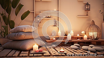 A serene meditation corner with plush floor cushions. Stock Photo