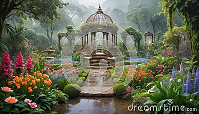 Mystical Garden Gazebo in Mist Stock Photo