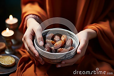 A serene moment as a Muslim woman holds a bowl of dates to break her fast Stock Photo