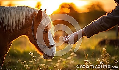 A Serene Moment: Person Petting Majestic Horse in a Picturesque Field Stock Photo