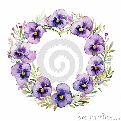 Serene Mood: Pansy Purple Wreath In Floral Illustration Cartoon Illustration