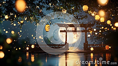 serene moon gate scene illuminated by glowing lanterns, creating magical atmosphere Stock Photo