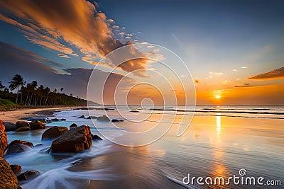 A serene moonlit beach with gentle waves lapping against the shore, framed by towering palm trees Stock Photo