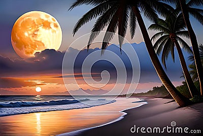 A serene moonlit beach with waves gently washing ashore, framed by palm trees Stock Photo