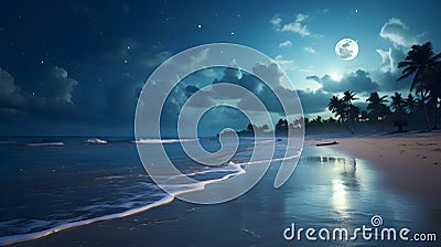 Serene moonlit beach, where the gentle waves kiss. Ai Generated.NO.03 Stock Photo