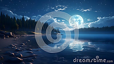 Serene moonlit beach, where the gentle waves kiss. Ai Generated.NO.02 Stock Photo