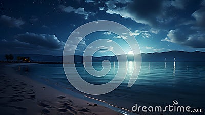 Serene moonlit beach, where the gentle waves kiss. Ai Generated.NO.01 Stock Photo