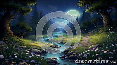 A serene moonlit meadow with a winding stream and lush trees. HD 1080 * 1920 Stock Photo