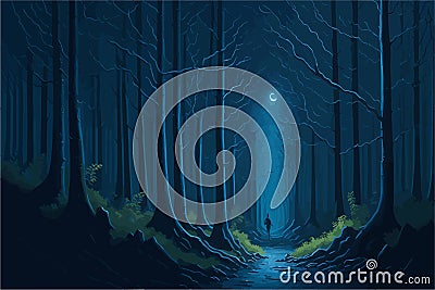 A serene moonlit night in a serene woodland, with moonlight filtering through the canopy, casting enchanting shadows on Vector Illustration