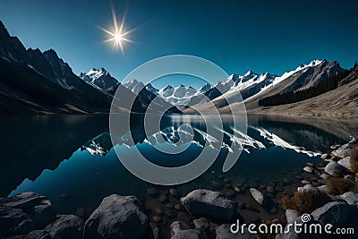 A serene, moonlit reflection of towering mountains in a crystal-clear alpine lake Stock Photo