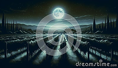 Moonlit Vineyard Landscape Stock Photo