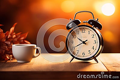 Serene morning ambiance with alarm clock, coffee, and blurred background for text placement Stock Photo
