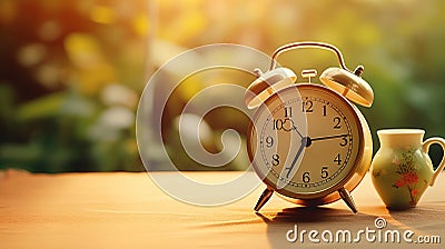 Serene morning mood with alarm clock, coffee on table, blurred background, space for text placement Stock Photo