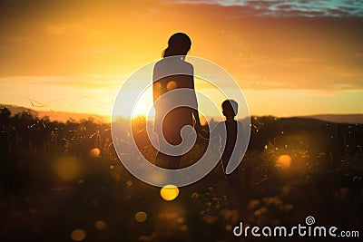 Serene Mother and Toddler Embrace in Sunset Silhouette, Evoking Warmth and Family Bonding in Tranquil Evening Setting Stock Photo