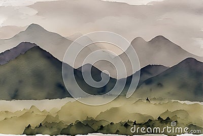 A serene mountain landscape with a forest in muted shades of green, grey, and blue. Generative AI Stock Photo