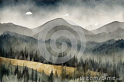 A serene mountain landscape with a forest in muted shades of green, grey, and blue. Generative AI Stock Photo